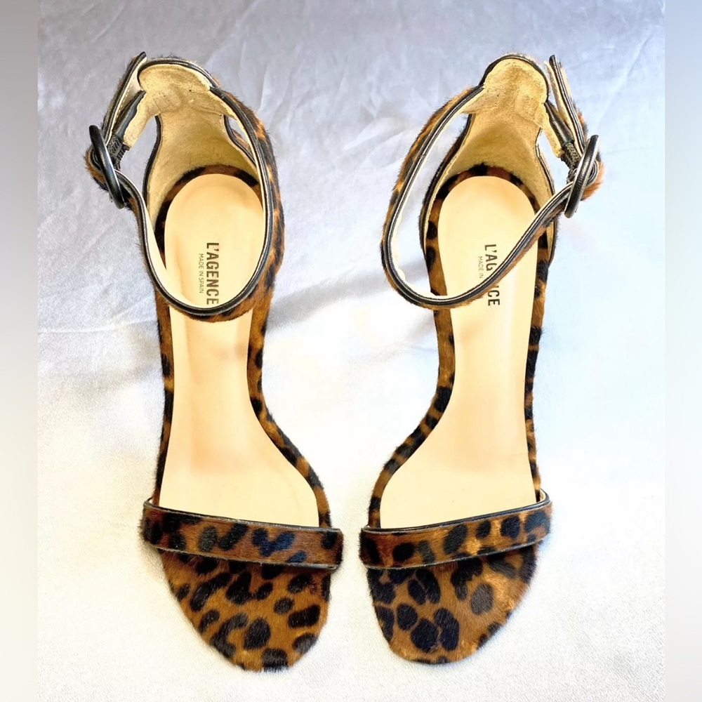 L’Agence ‘Gisele’ Leopard Ankle Strap Heeled Sandal 37.5 7.5 Calf Hair Brand New